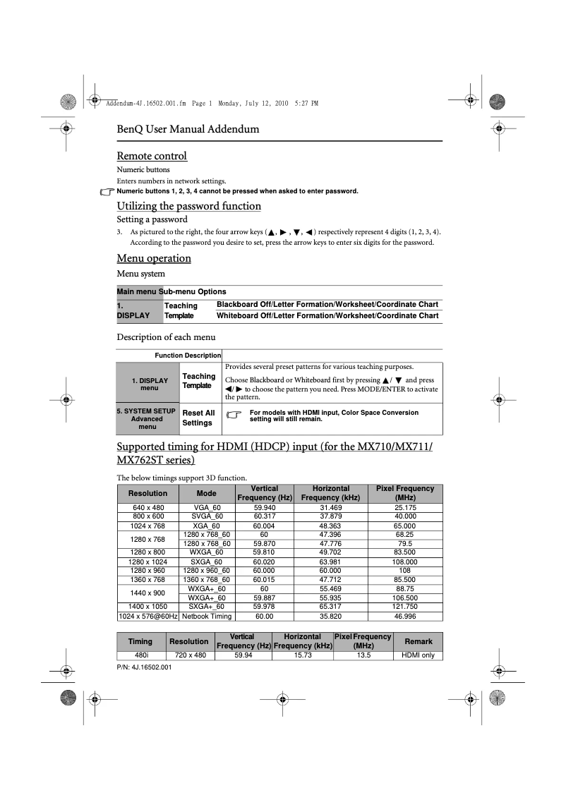 Page n°1 - Manuel utilisateur BenQ MX812ST