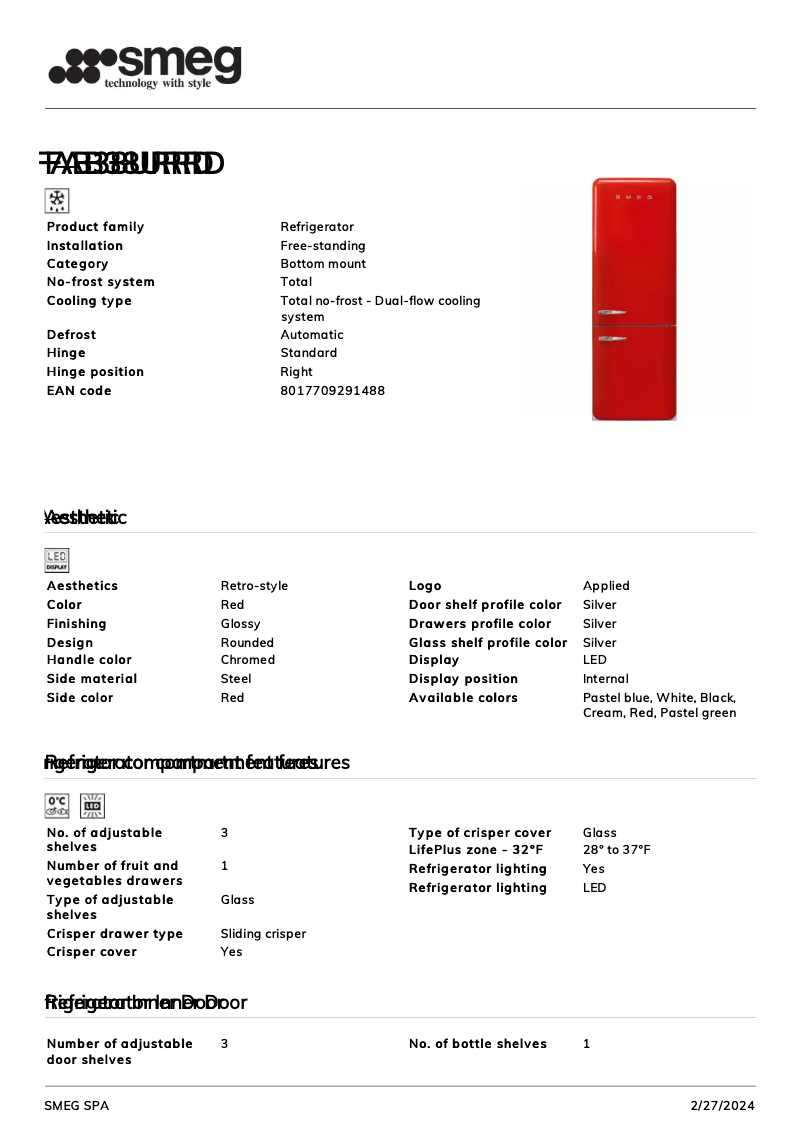 Page 1 de la notice Fiche technique Smeg FAB38URRD