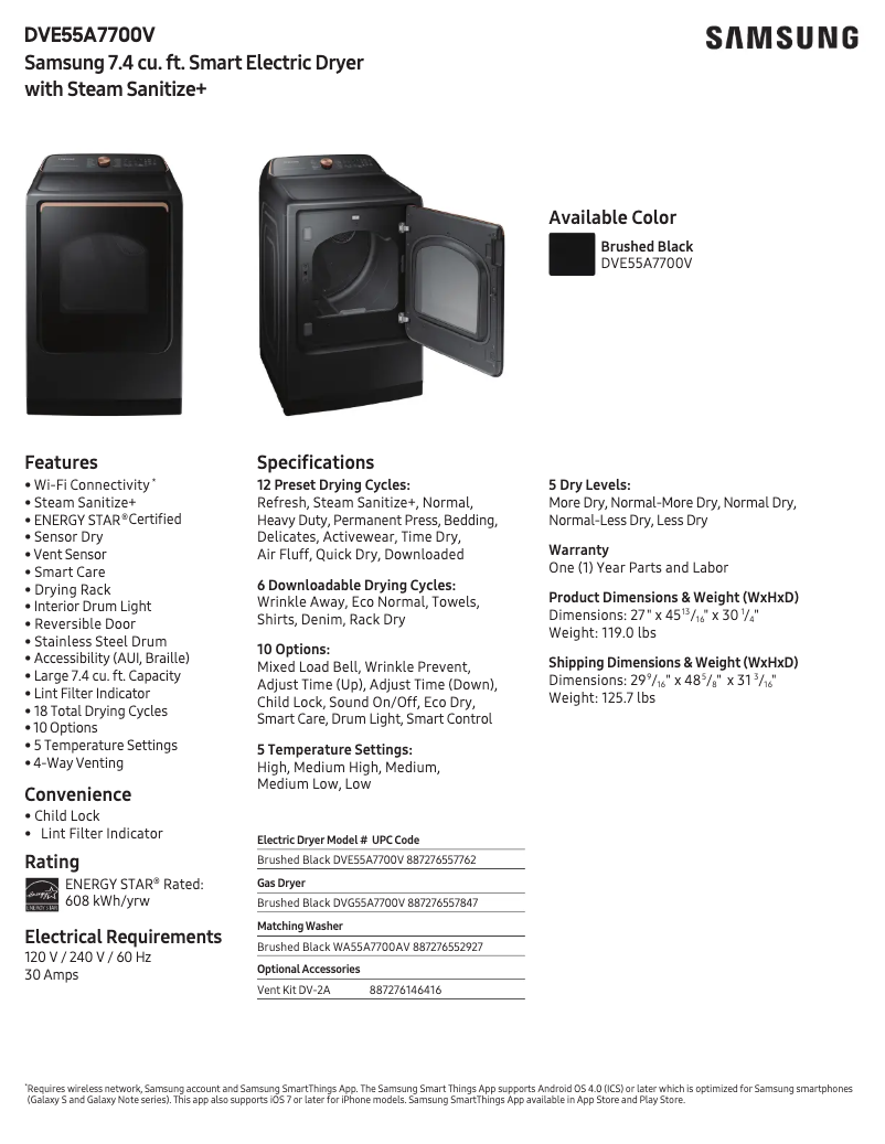 Página 1 del manual Ficha técnica Samsung DVE55A7700V