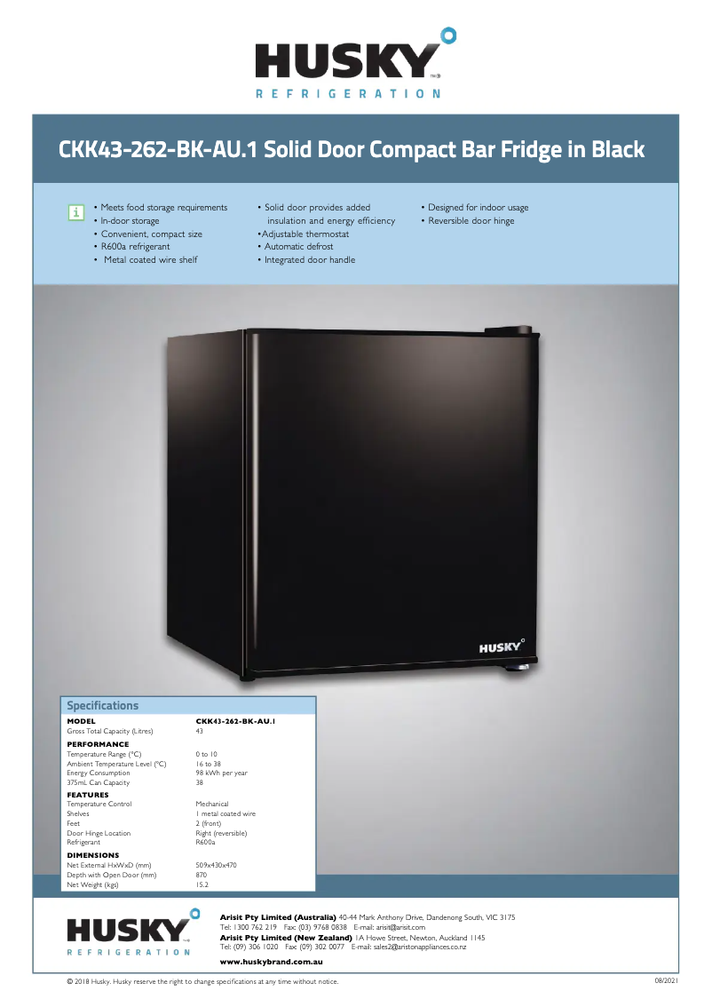 Page 1 de la notice Fiche technique Husky CKK43-262-BK-AU1