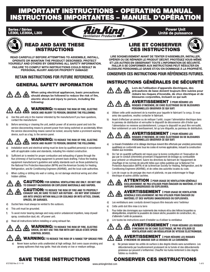 Page n°1 - Manuel utilisateur Air King LE300
