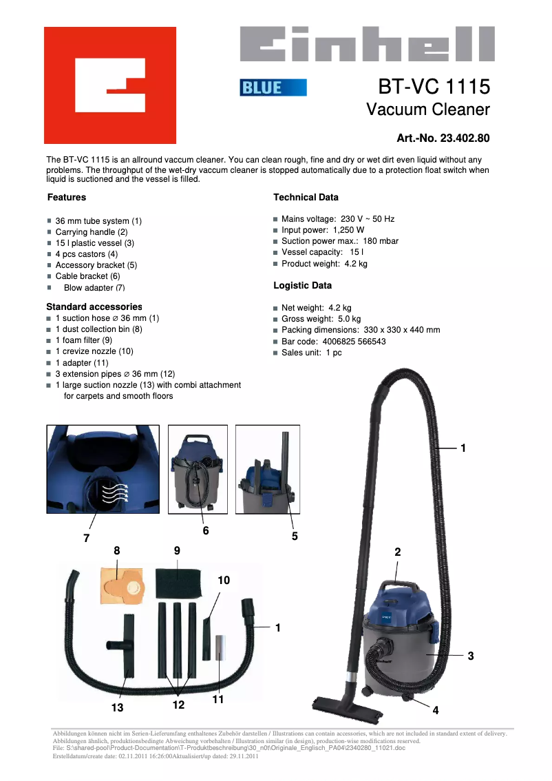 Page 1 de la notice Manuel utilisateur Einhell BT-VC 1115