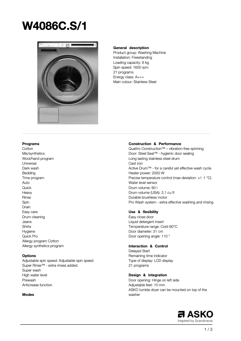 Page n°1 - Fiche technique Asko W4086C.S/1