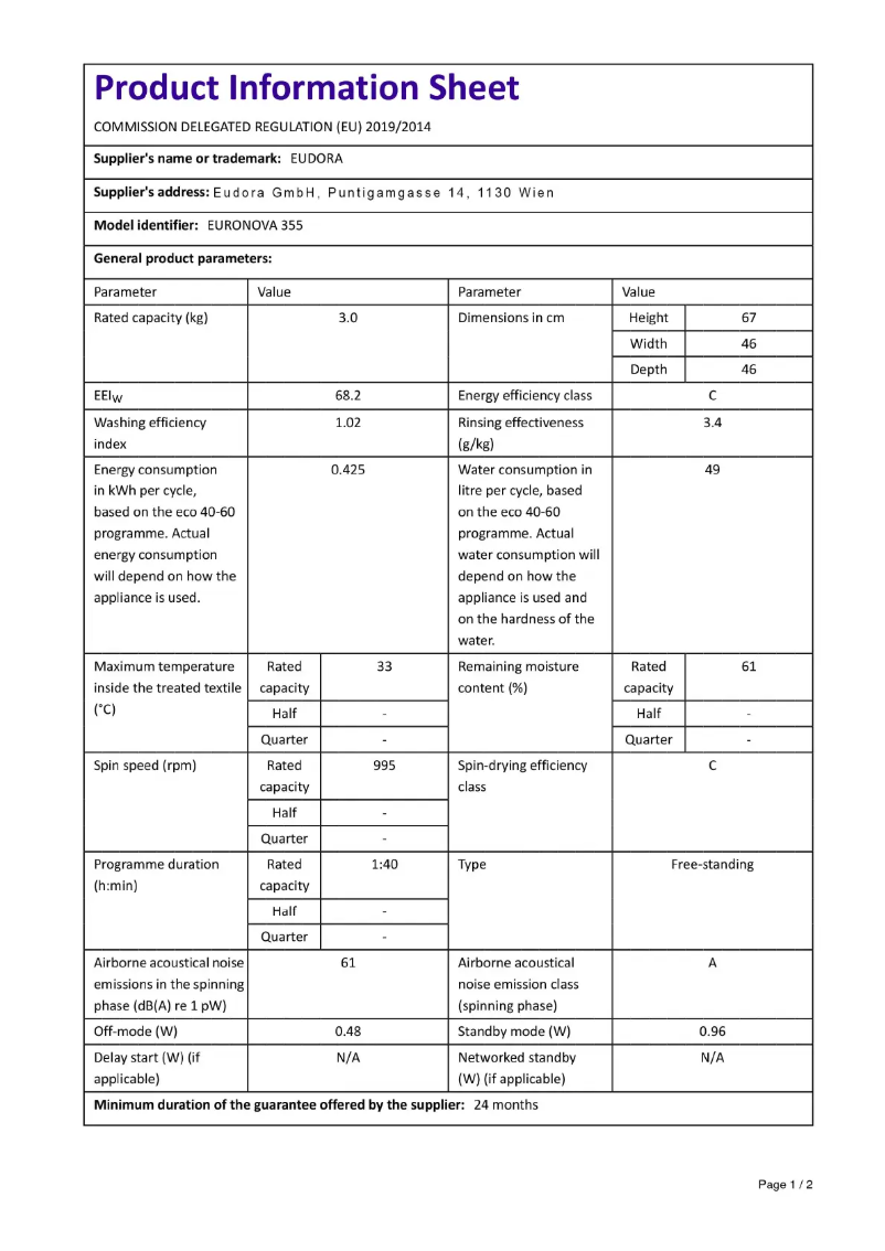 Page 1 de la notice Fiche technique Eudora EURONOVA 355