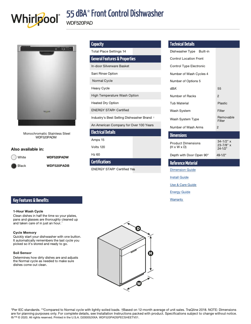 Page 1 de la notice Fiche technique Whirlpool WDF520PADM