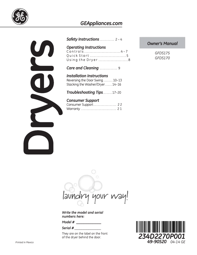 Page n°1 - Mode d'emploi GE GFDS175EHDG