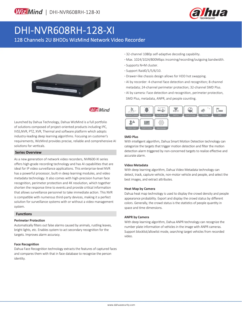 Page n°1 - Fiche technique Dahua Technology NVR608RH-128-XI