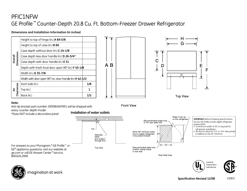 Page 1 de la notice Fiche technique GE PFIC1NFWBV