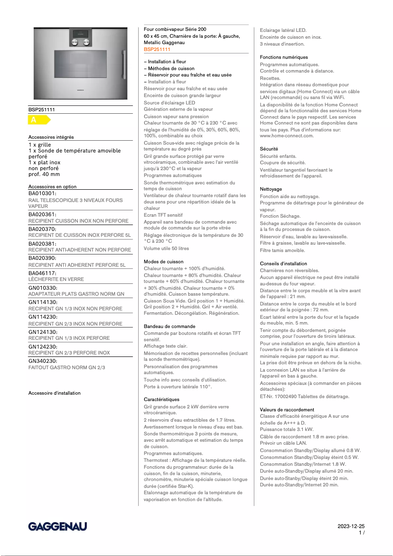 Página 1 del manual Ficha técnica Gaggenau BSP251111