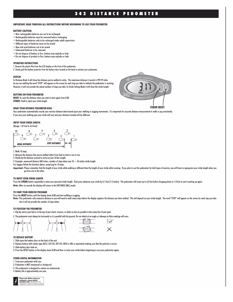 Page n°1 - Manuel utilisateur Sportline 342 DISTANCE