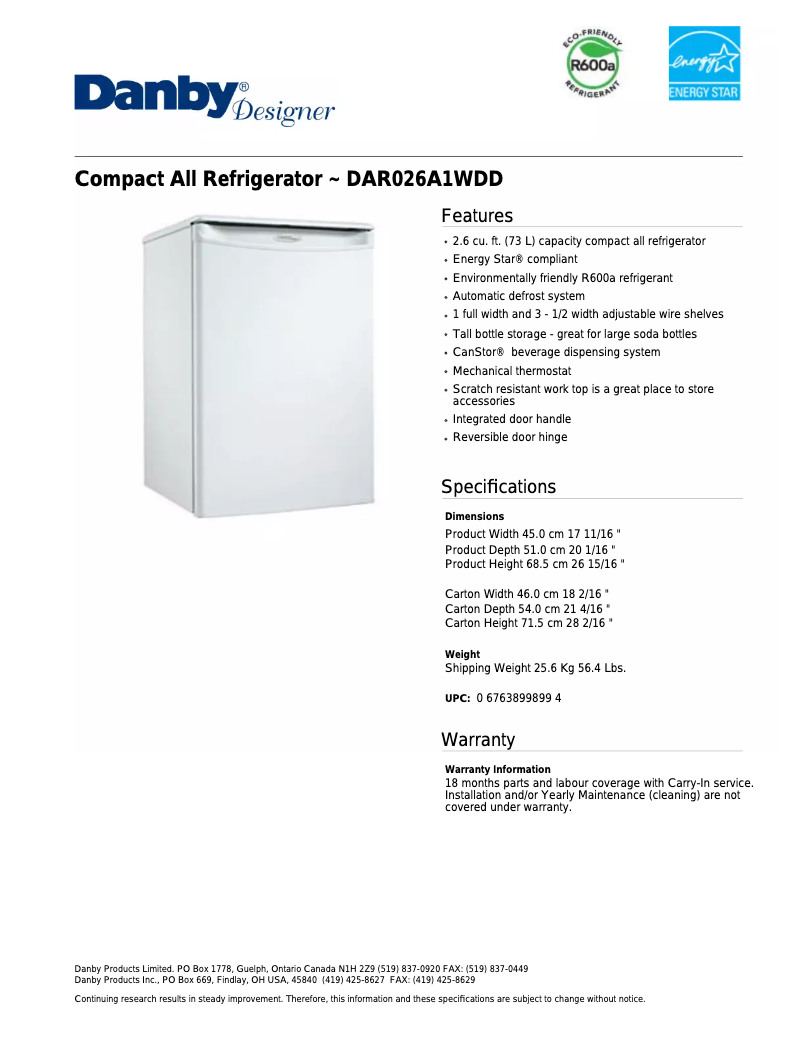 Page 1 de la notice Fiche technique Danby DAR026A1WDD