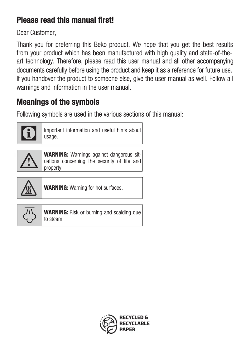 Page n°1 - Manuel utilisateur Arçelik Aria Expert BEU 9030 M