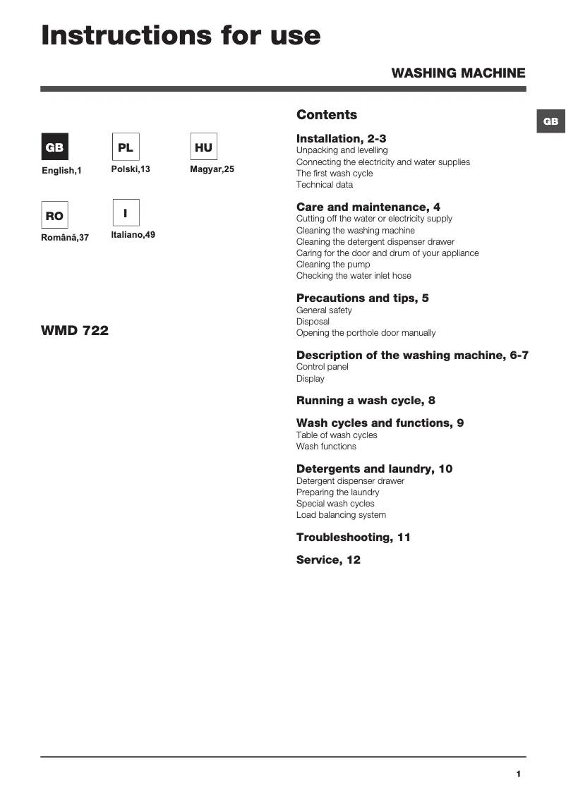 Page n°1 - Manuel utilisateur Hotpoint Ariston WMD 722B EU