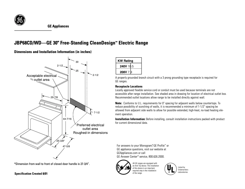 Página 1 del manual Ficha técnica GE JBP68WDWW