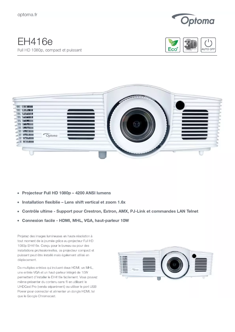 Page n°1 - Fiche technique Optoma EH416e