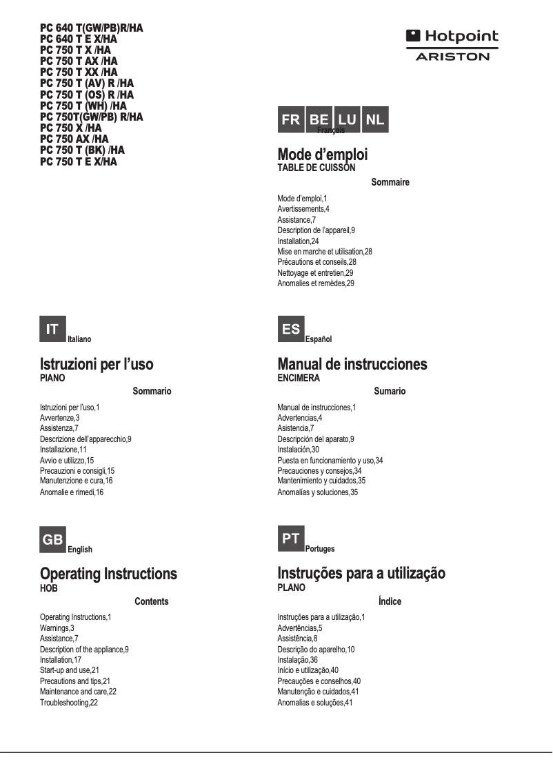 Page 1 de la notice Manuel utilisateur Hotpoint PC 640 T E X/HA