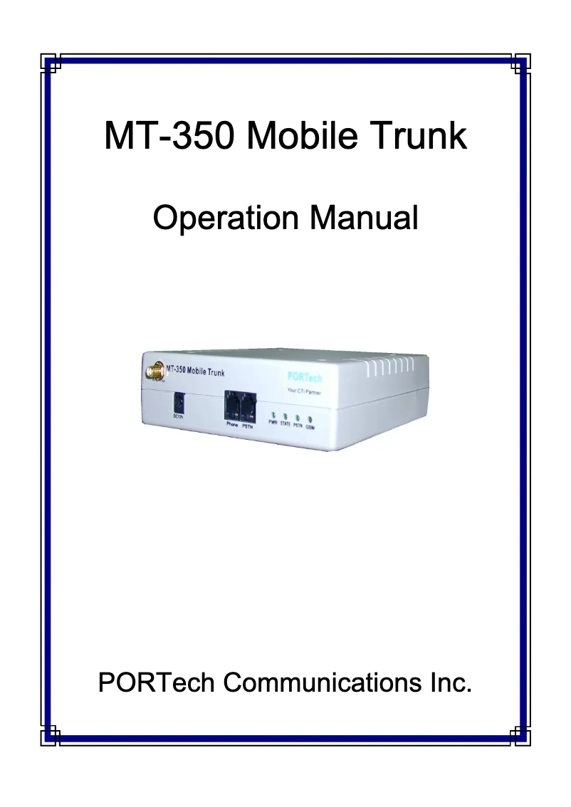 Page n°1 - Manuel utilisateur Portech MT-350 Mobile Trunk