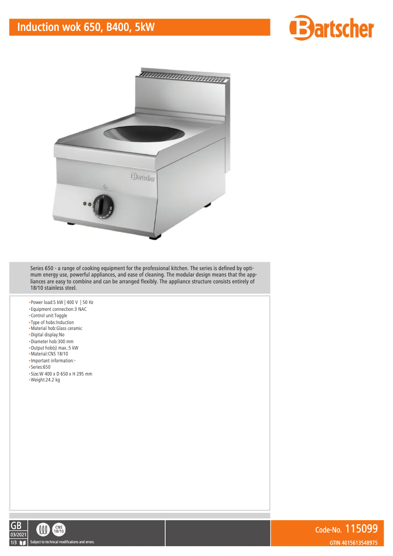 Page 1 de la notice Fiche technique Bartscher 115099