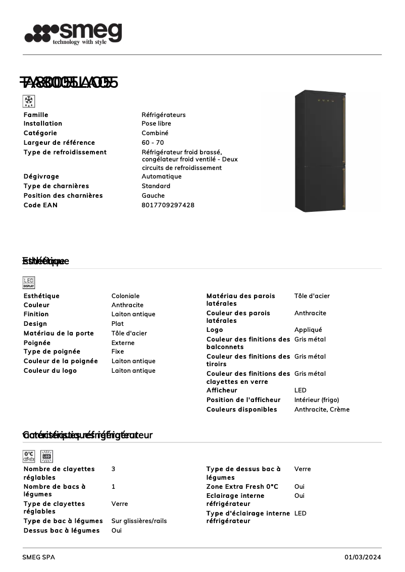 Page 1 de la notice Fiche technique Smeg FA8005LAO5