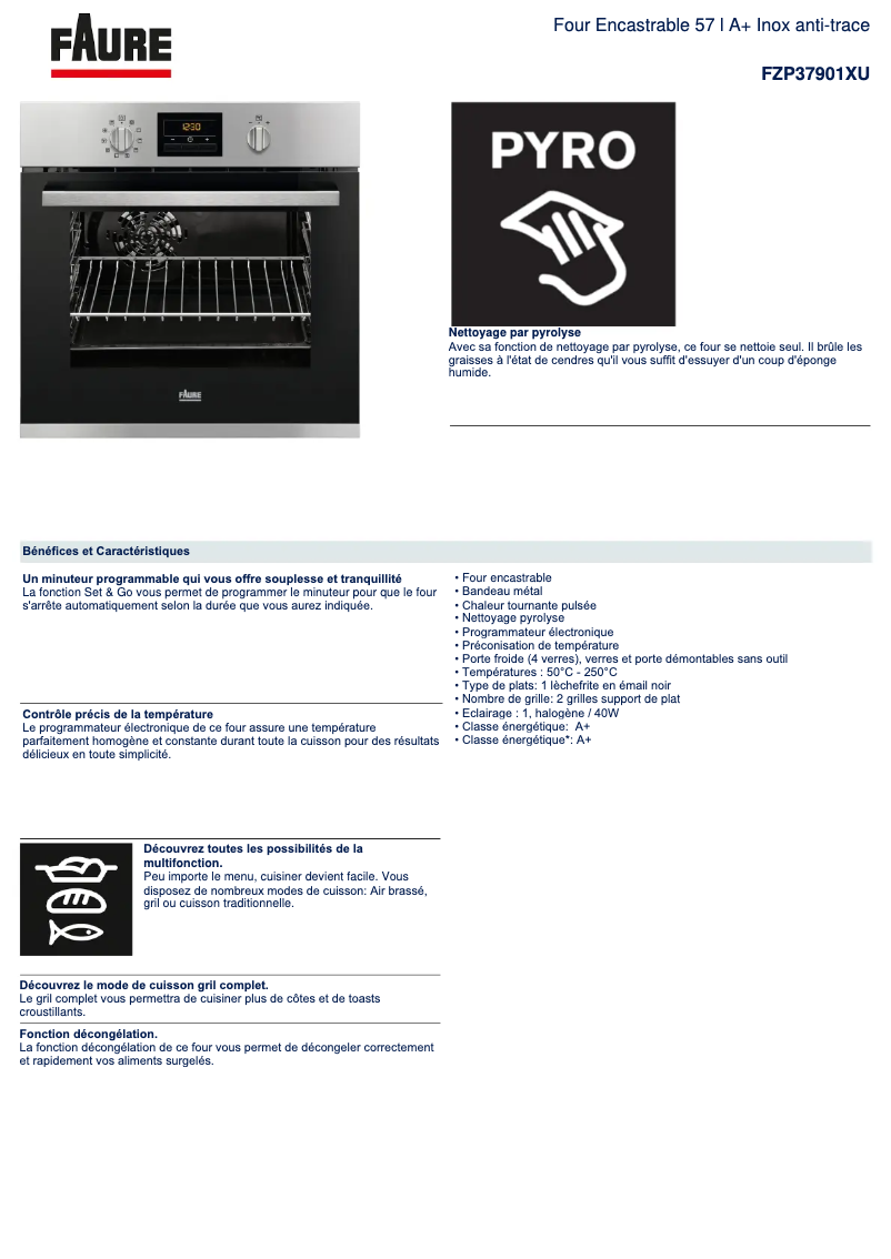 Page 1 de la notice Fiche technique Faure FZP37901XU
