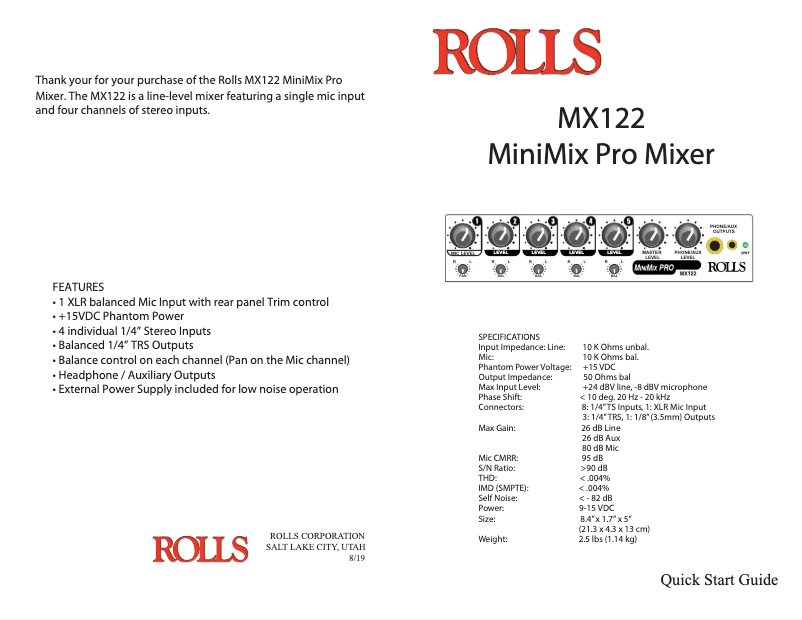 Page 1 de la notice Manuel utilisateur Rolls MiniMix Pro MX122