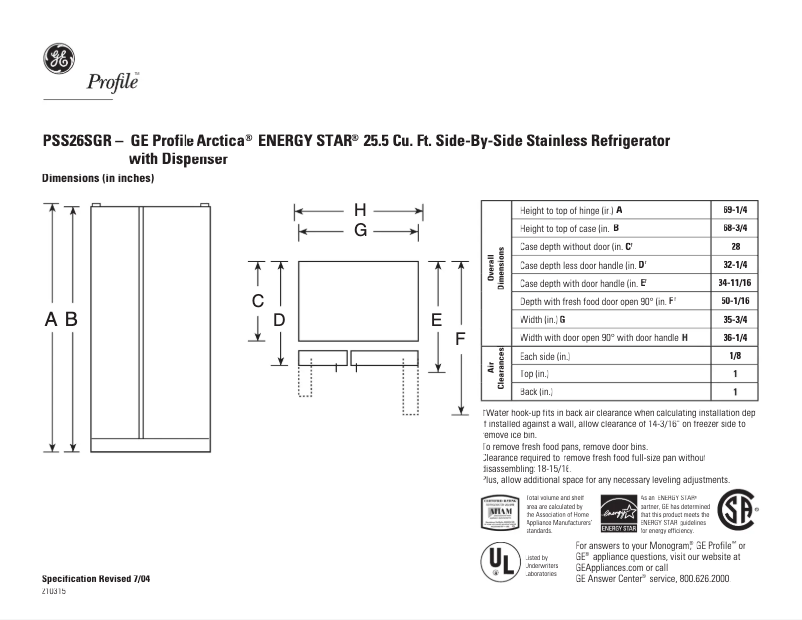 Page 1 de la notice Fiche technique GE Profile PSS26SGRSS
