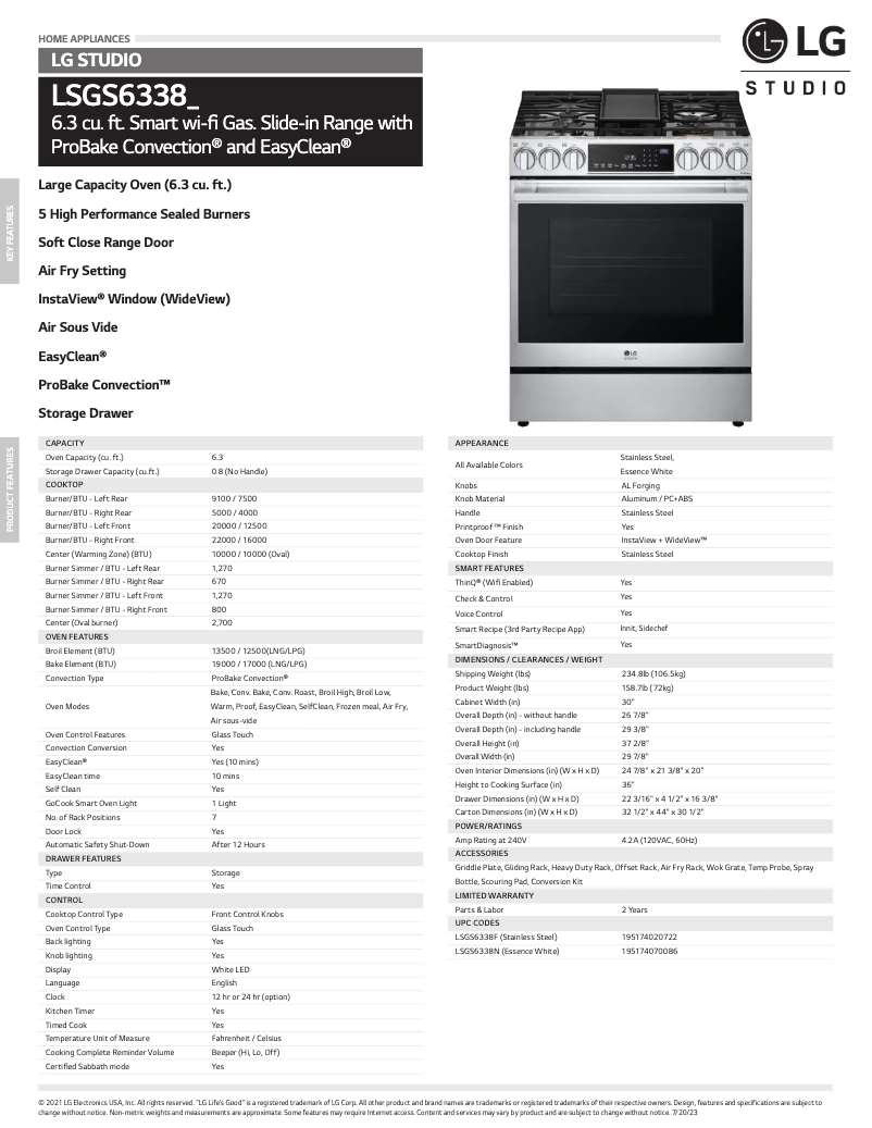 Page 1 de la notice Fiche technique LG STUDIO LSGS6338N