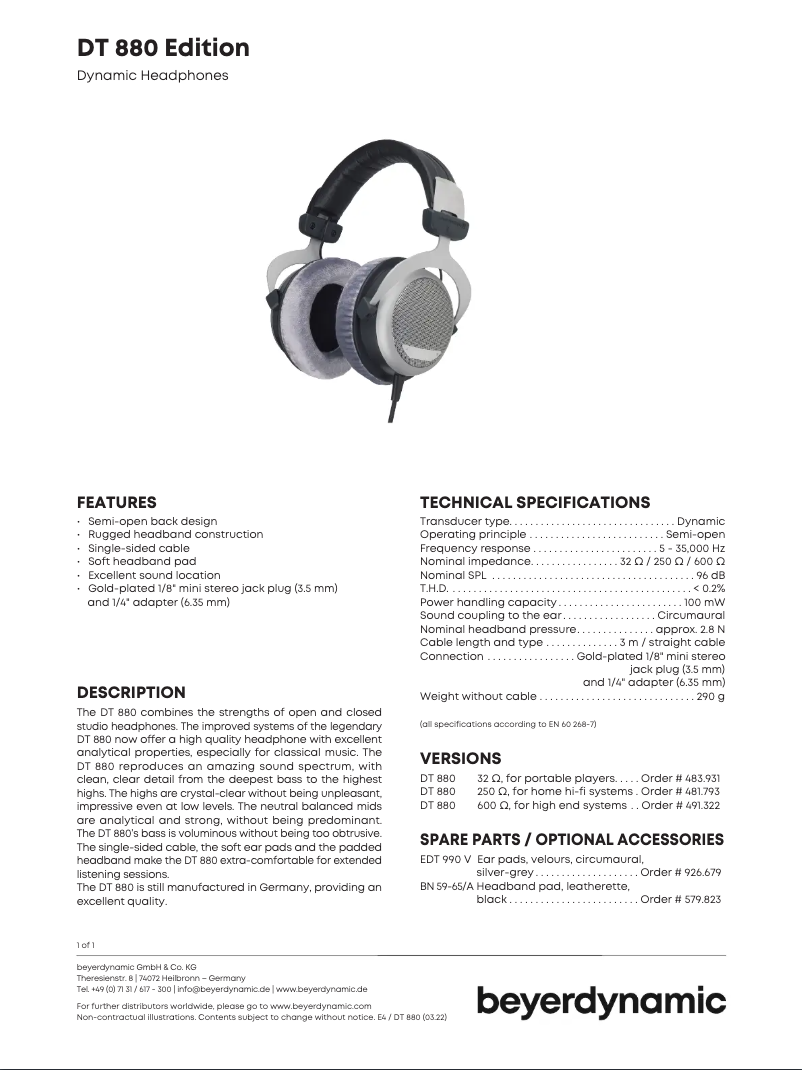 Page n°1 - Manuel utilisateur Beyerdynamic DT 880 Edition