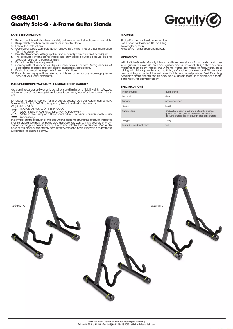 Page 1 de la notice Manuel utilisateur Gravity Solo-G Acoustic
