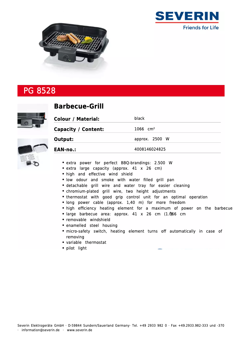 Page 1 de la notice Fiche technique Severin PG 8528