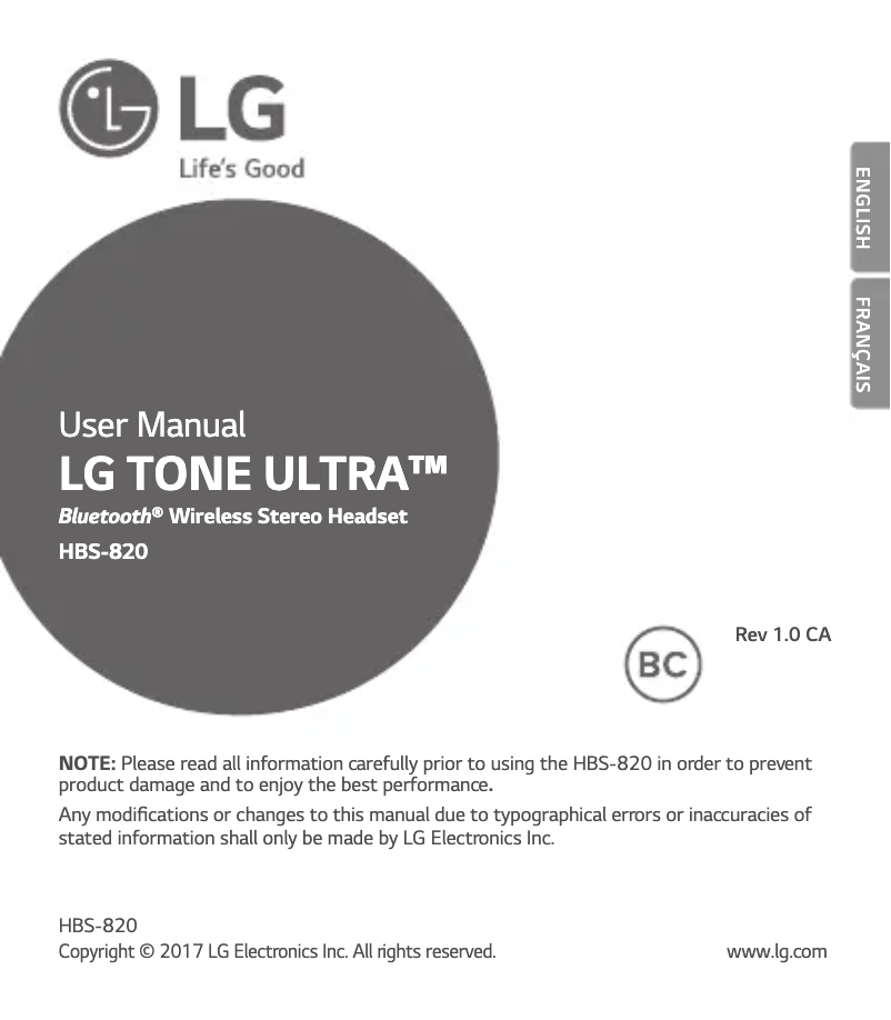Page n°1 - Manuel utilisateur LG ULTRA HBS-820
