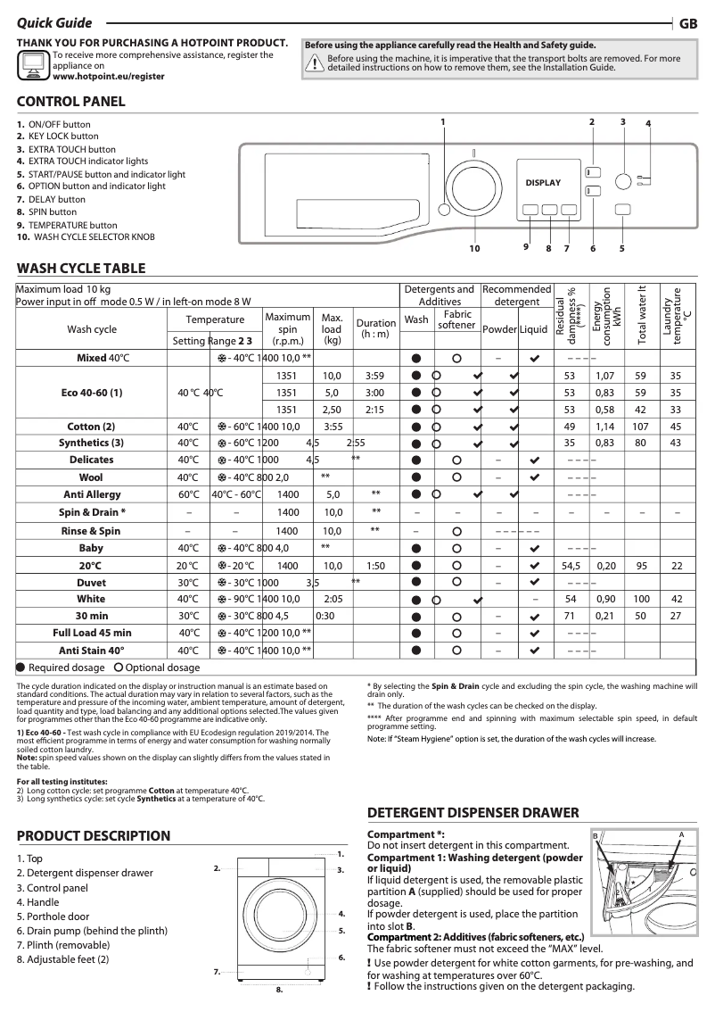Page 1 de la notice Manuel d'utilisation et d'entretien Hotpoint NSWM 1045C GG UK N