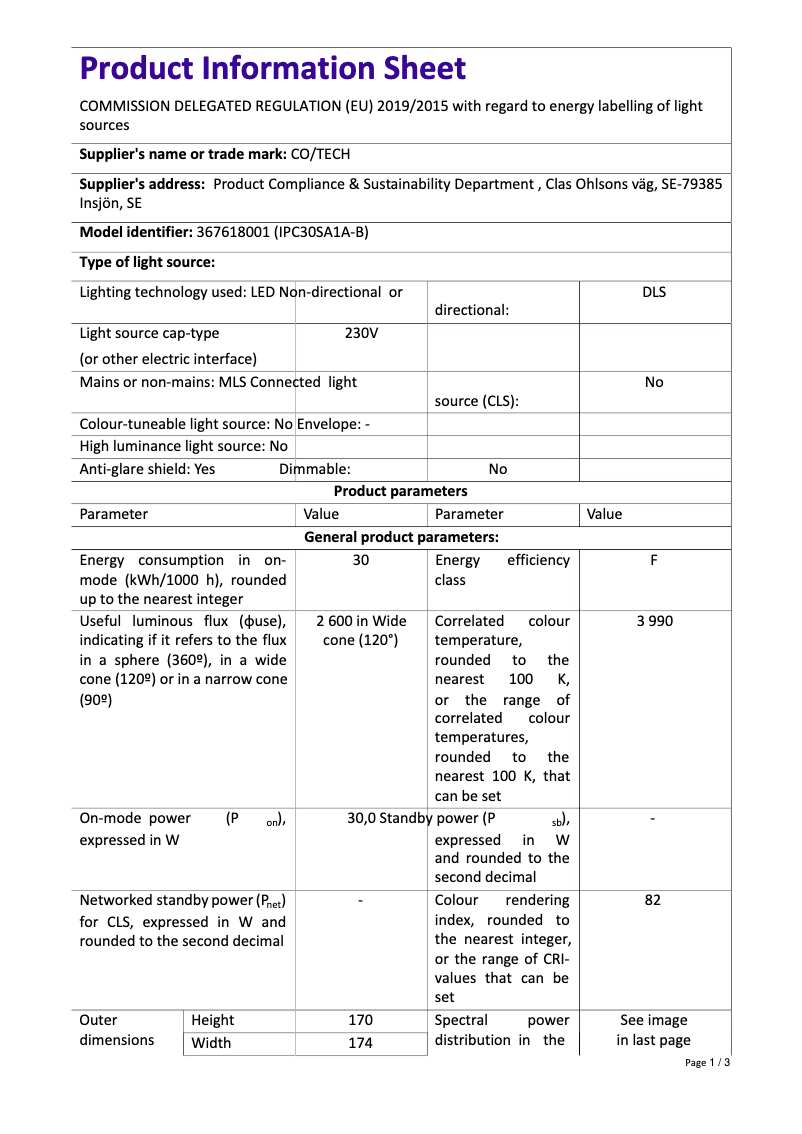 Page 1 of the manual Technical Sheet Cotech IPC30SA1A