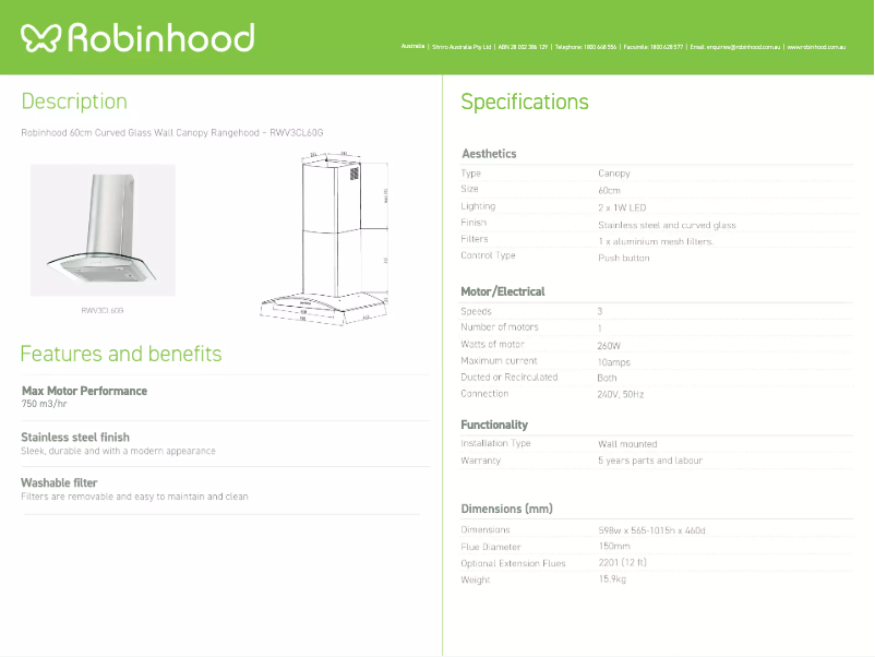 Page 1 de la notice Fiche technique Robinhood RWV3CL60G