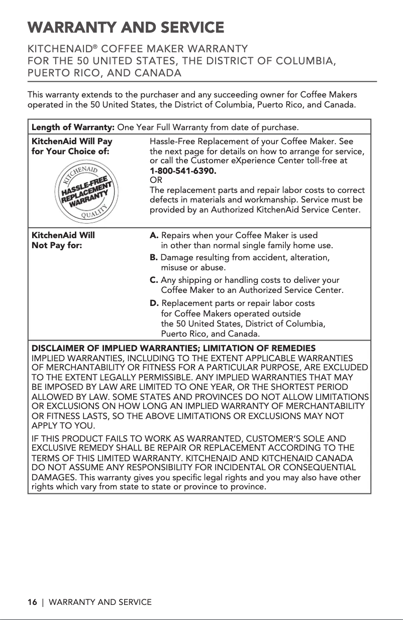 Page n°1 - Informations de garantie KitchenAid KCM1204