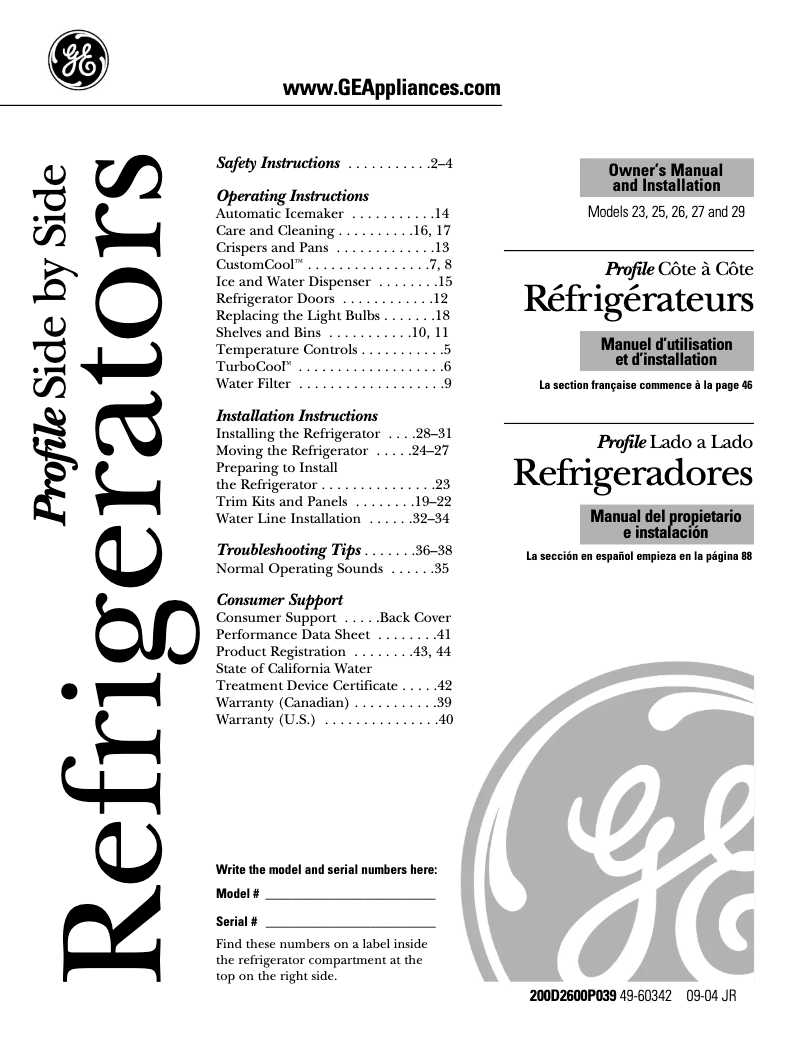 Page n°1 - Guide d'installation GE PSI23MGMCC