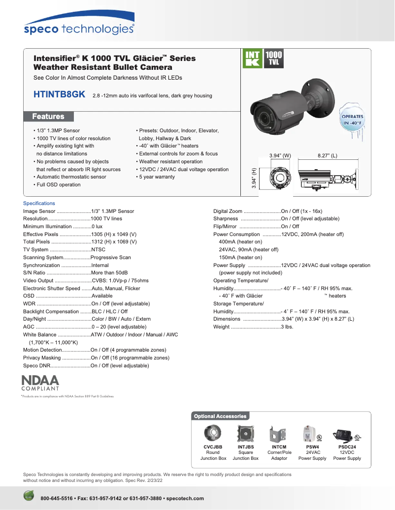 Page n°1 - Fiche technique Speco Technologies Intensifier K Glacier HTINTB8GK