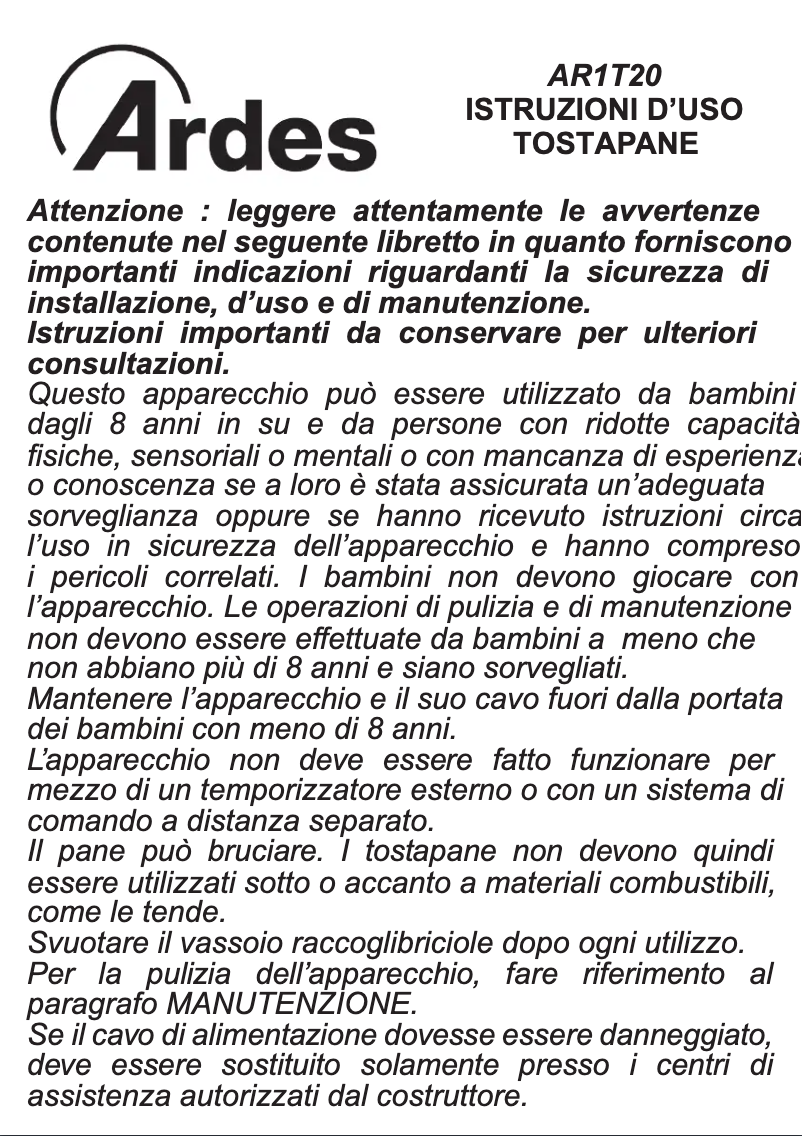 Page 1 de la notice Manuel utilisateur Ardes AR1T20