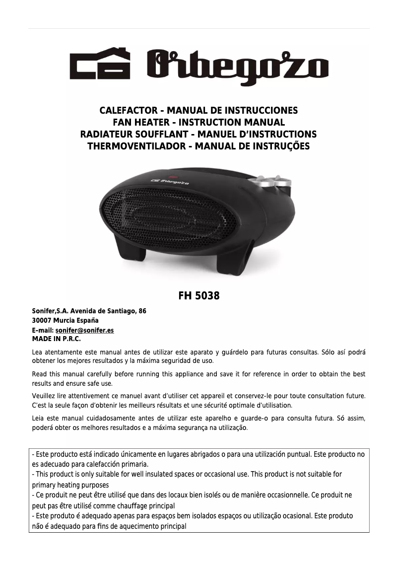 Page n°1 - Manuel utilisateur Orbegozo FH 5038