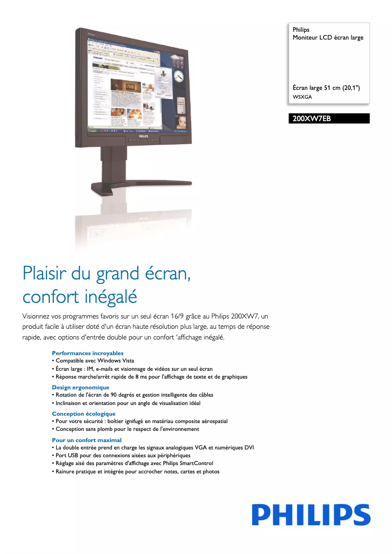 Page 1 de la notice Fiche technique Philips 200XW7EB