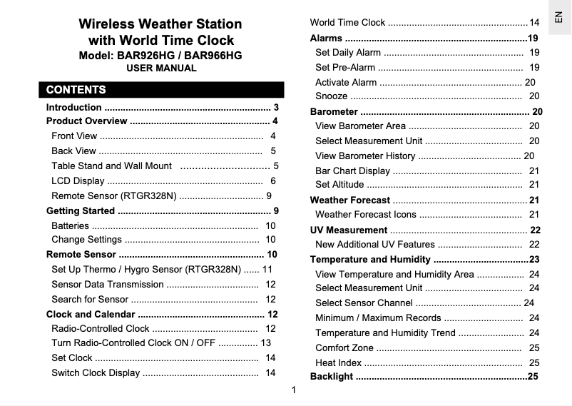 Image de la première page du manuel de l'appareil BAR926HG