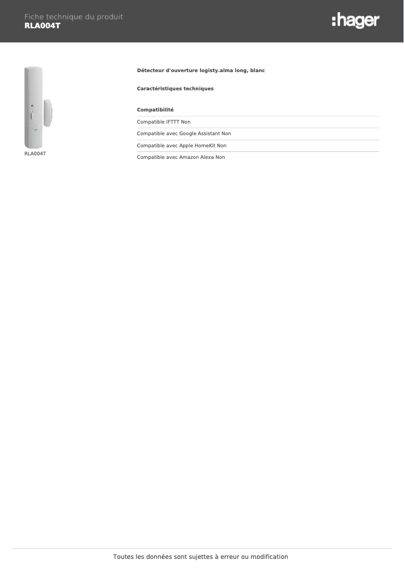 Page 1 de la notice Fiche technique Hager RLA004T