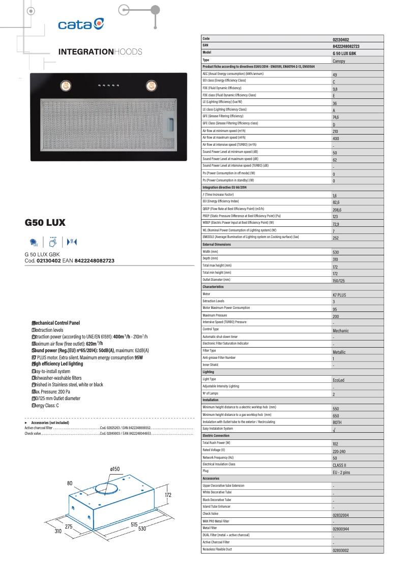 Page 1 de la notice Fiche technique CATA G 50 LUX GBK