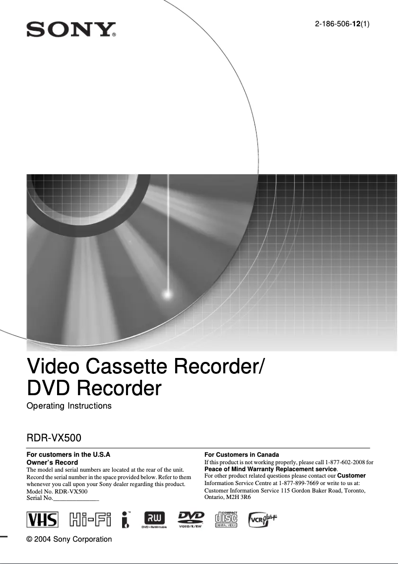 Page n°1 - Manuel utilisateur Sony RDR-VX500