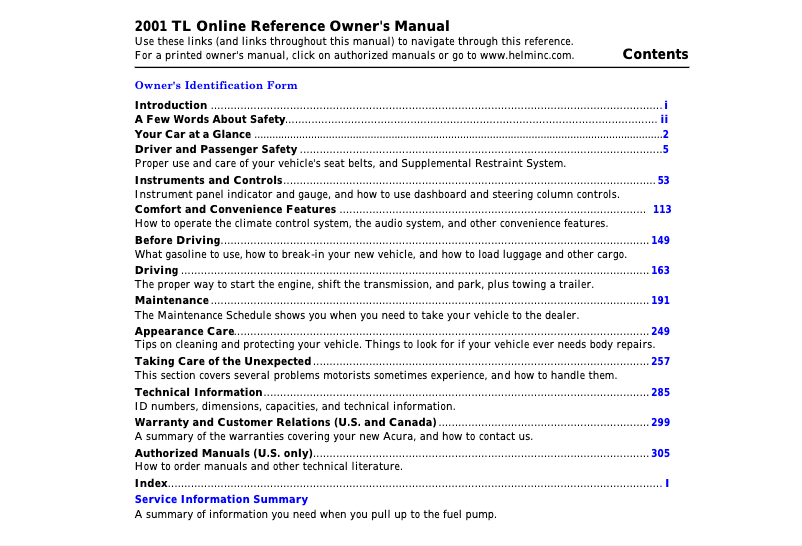 Page 1 de la notice Manuel utilisateur Acura TL (2001)
