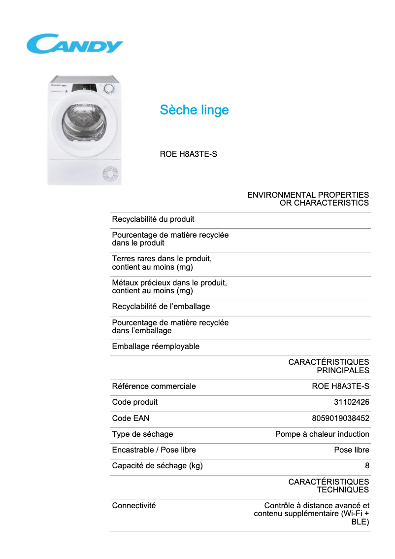 Page 1 de la notice Fiche technique Candy ROE H8A3TE-S