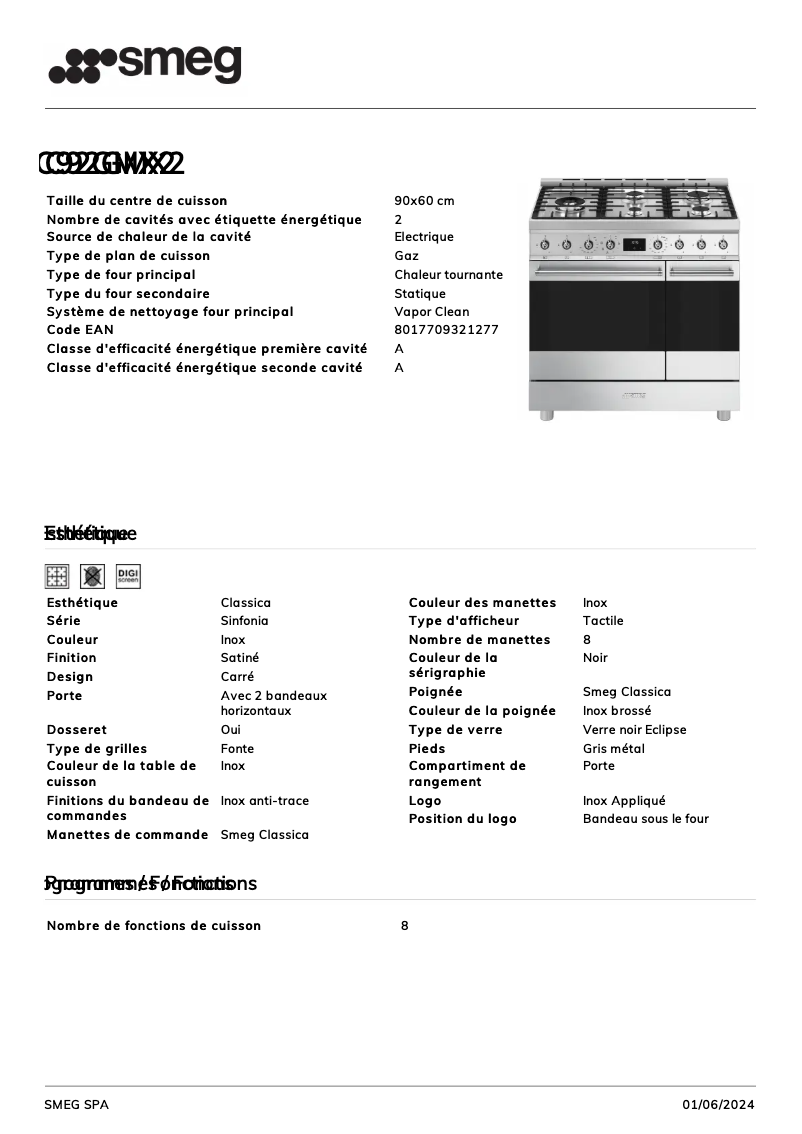 Page 1 de la notice Fiche technique Smeg C92GMX2