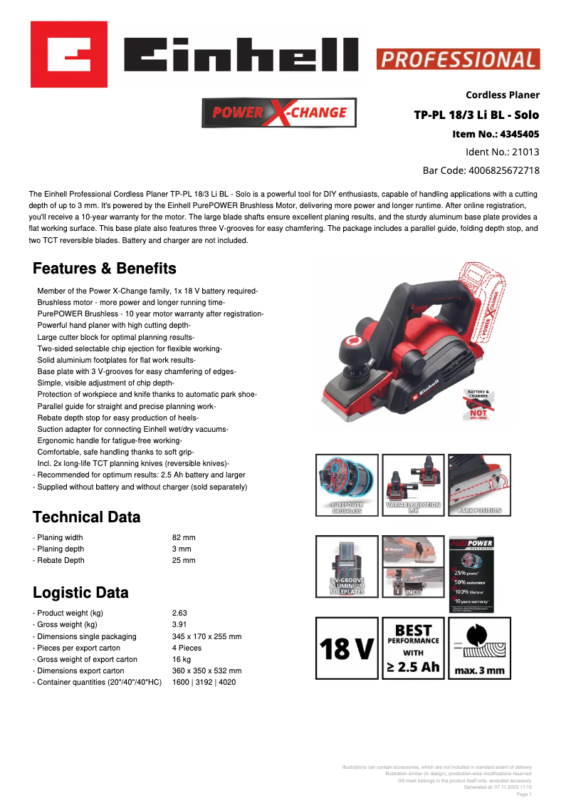 Page n°1 - Fiche technique Einhell TP-PL 18/3 Li BL