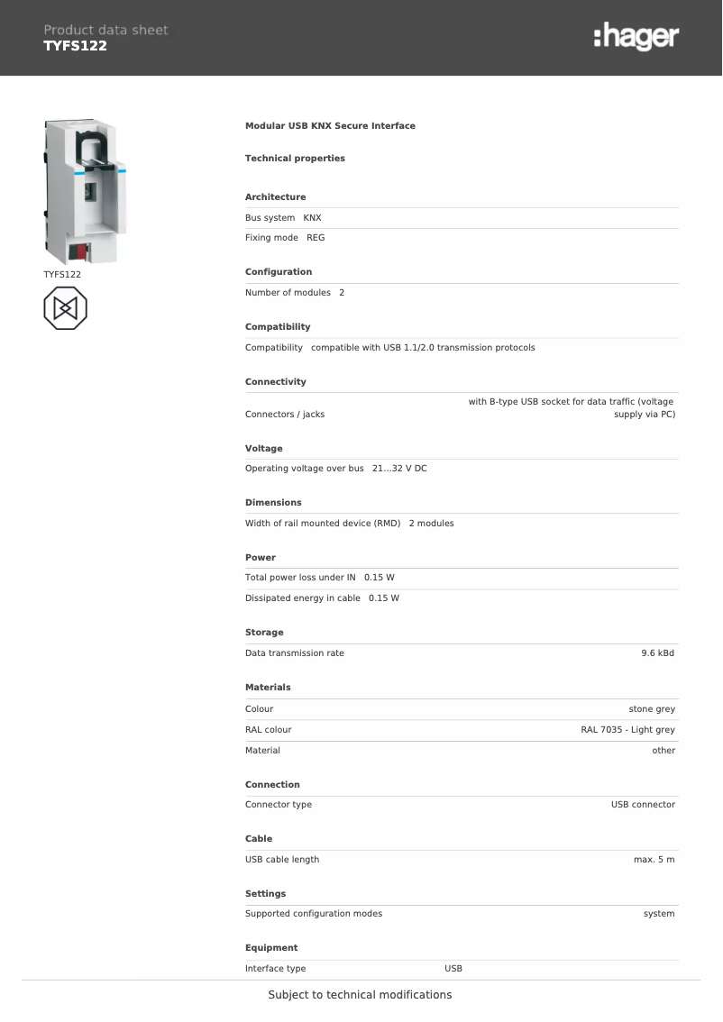 Page n°1 - Fiche technique Hager TYFS122