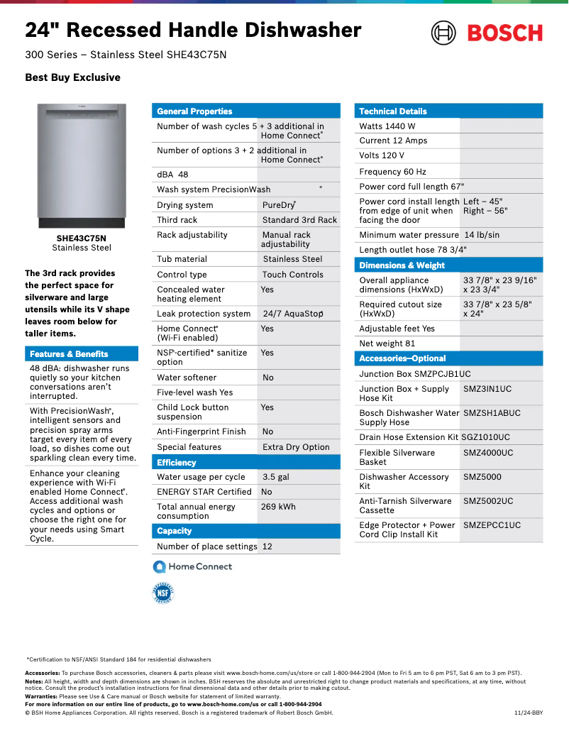 Page 1 de la notice Fiche technique Bosch SHE43C75N